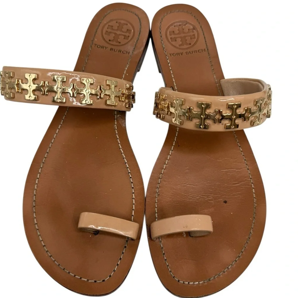Tory Burch Val patent leather toe ring Sandals with Gold Accents size 8
